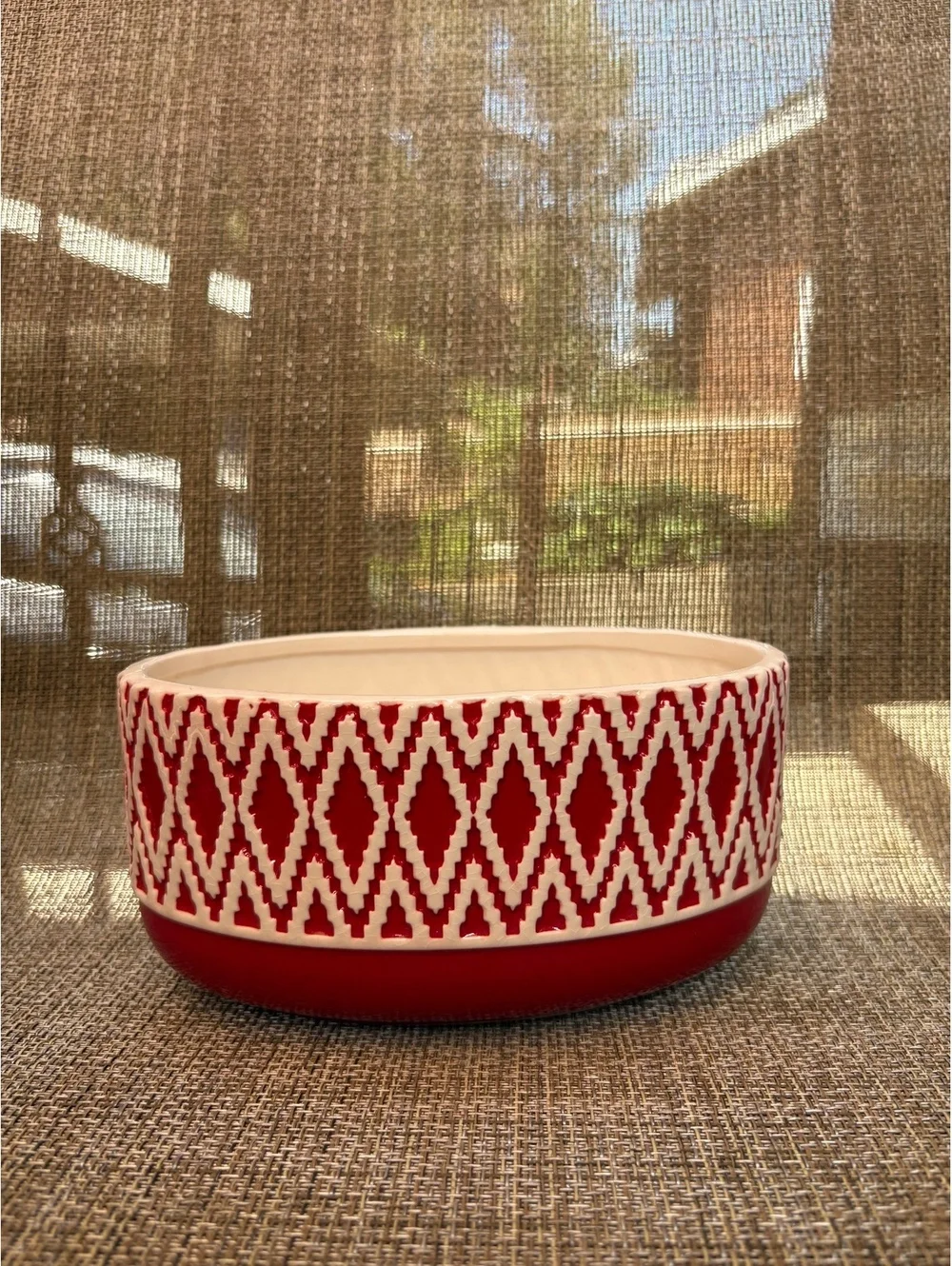 Vintage Red White Ceramic Oval Planter Geometric Made in USA